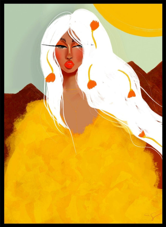 Artistic depiction of a woman with white hair and red lipstick against a colorful background. Golden Woman White Hair by Amy Straley is a contemporary figurative art print featuring a feminine portrait, surreal landscape, and bold golden color palette.