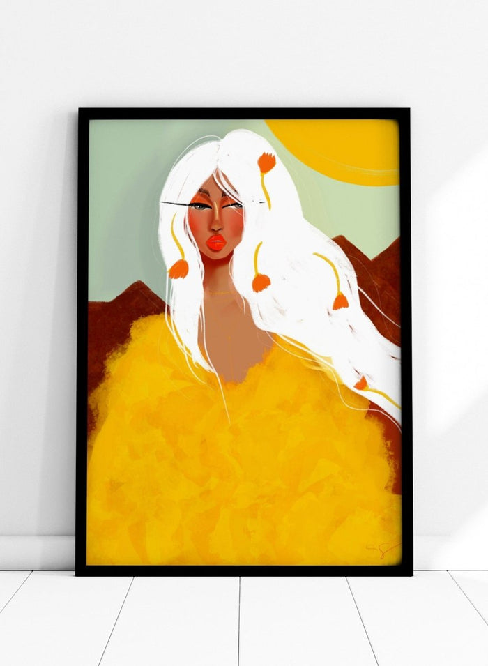 Artistic depiction of a woman with white hair and red lipstick against a colorful background. Golden Woman White Hair by Amy Straley is a contemporary figurative art print featuring a feminine portrait, surreal landscape, and bold golden color palette.