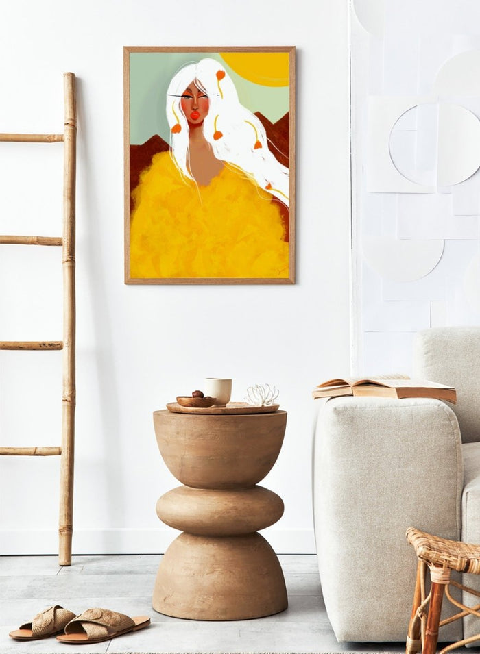 Artistic depiction of a woman with white hair and red lipstick against a colorful background. Golden Woman White Hair by Amy Straley is a contemporary figurative art print featuring a feminine portrait, surreal landscape, and bold golden color palette.