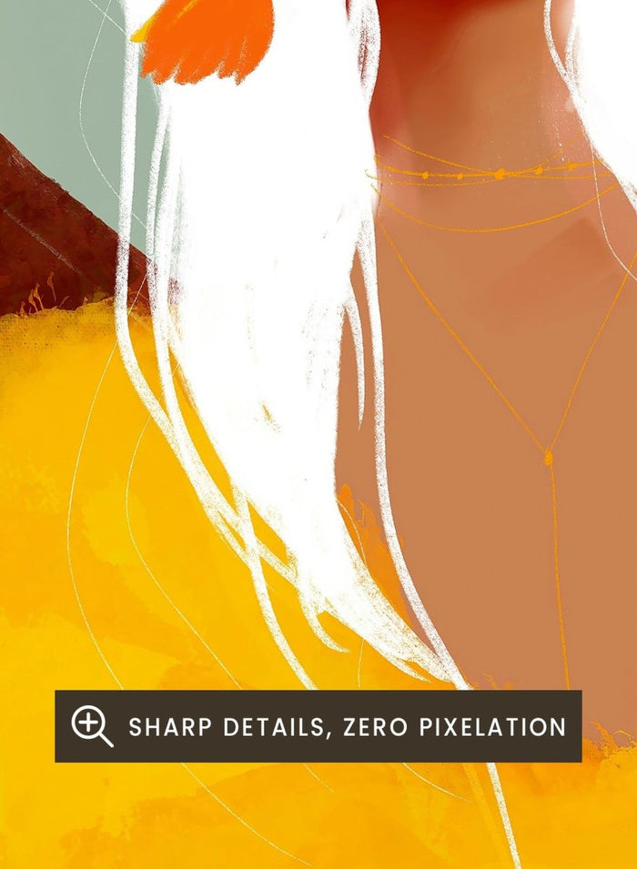 Artistic depiction of a woman with white hair and red lipstick against a colorful background. Golden Woman White Hair by Amy Straley is a contemporary figurative art print featuring a feminine portrait, surreal landscape, and bold golden color palette.