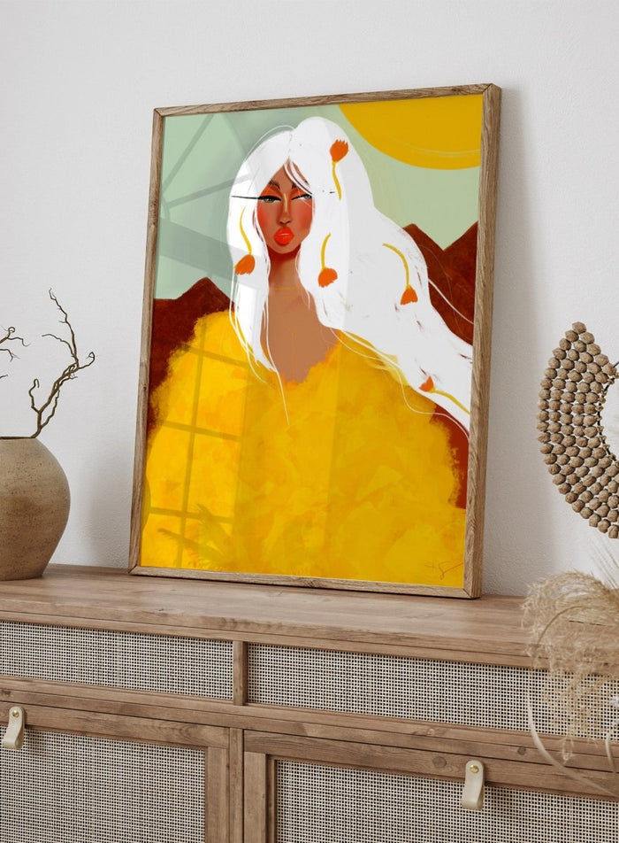 Artistic depiction of a woman with white hair and red lipstick against a colorful background. Golden Woman White Hair by Amy Straley is a contemporary figurative art print featuring a feminine portrait, surreal landscape, and bold golden color palette.
