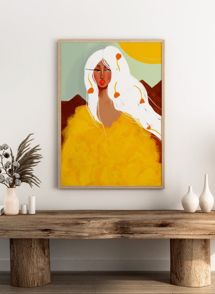 Artistic depiction of a woman with white hair and red lipstick against a colorful background. Golden Woman White Hair by Amy Straley is a contemporary figurative art print featuring a feminine portrait, surreal landscape, and bold golden color palette.