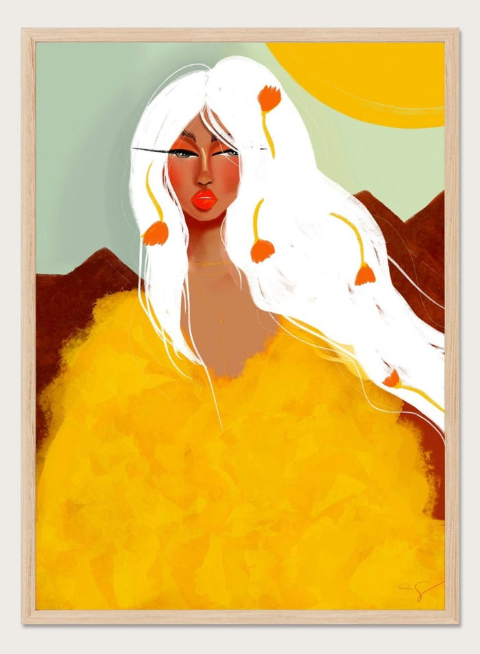 Artistic depiction of a woman with white hair and red lipstick against a colorful background. Golden Woman White Hair by Amy Straley is a contemporary figurative art print featuring a feminine portrait, surreal landscape, and bold golden color palette.