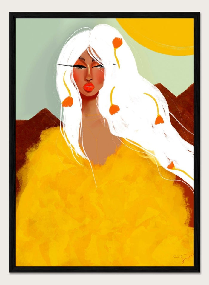 Artistic depiction of a woman with white hair and red lipstick against a colorful background. Golden Woman White Hair by Amy Straley is a contemporary figurative art print featuring a feminine portrait, surreal landscape, and bold golden color palette.