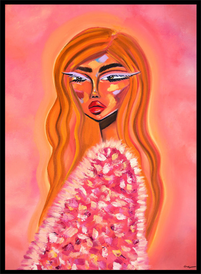 A stylized portrait painting of a woman with long flowing orange hair, a pink and white textured garment, and a pink background. Shop Pink Fur Glamour by Amy Straley, a contemporary figurative wall art print featuring a glamorous woman portrait, orange hair, and vivid pink tones.