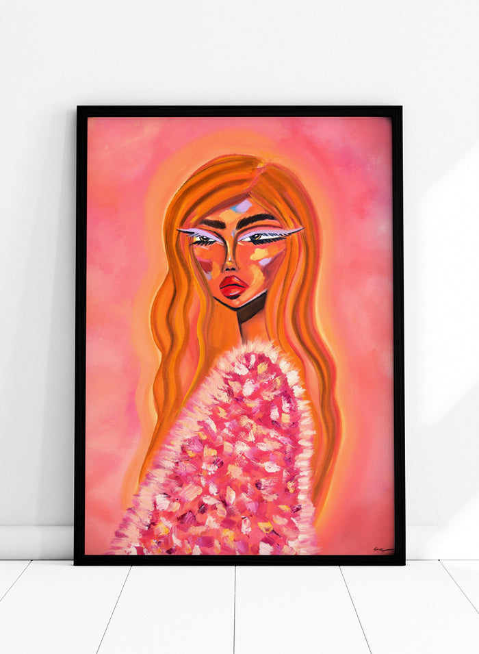 A stylized portrait painting of a woman with long flowing orange hair, a pink and white textured garment, and a pink background. Shop Pink Fur Glamour by Amy Straley, a contemporary figurative wall art print featuring a glamorous woman portrait, orange hair, and vivid pink tones.