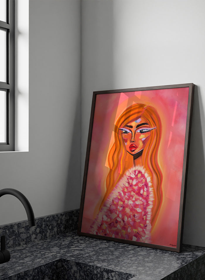 A stylized portrait painting of a woman with long flowing orange hair, a pink and white textured garment, and a pink background. Shop Pink Fur Glamour by Amy Straley, a contemporary figurative wall art print featuring a glamorous woman portrait, orange hair, and vivid pink tones.