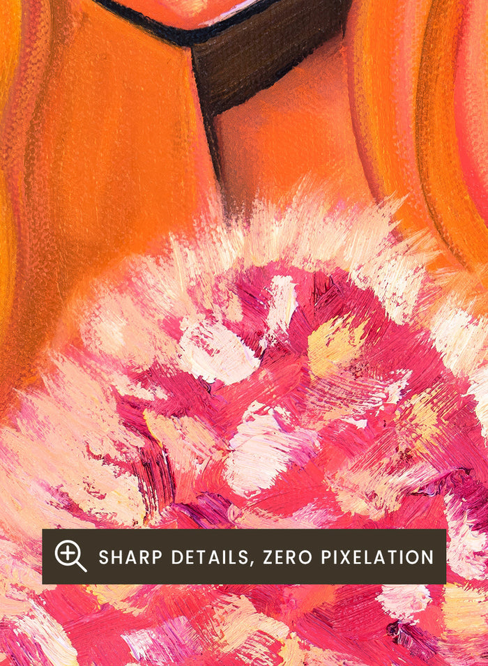 A stylized portrait painting of a woman with long flowing orange hair, a pink and white textured garment, and a pink background. Shop Pink Fur Glamour by Amy Straley, a contemporary figurative wall art print featuring a glamorous woman portrait, orange hair, and vivid pink tones.
