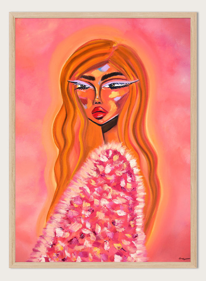 A stylized portrait painting of a woman with long flowing orange hair, a pink and white textured garment, and a pink background. Shop Pink Fur Glamour by Amy Straley, a contemporary figurative wall art print featuring a glamorous woman portrait, orange hair, and vivid pink tones.
