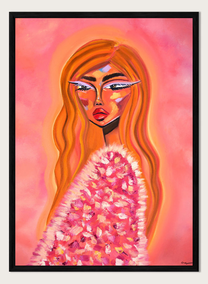 A stylized portrait painting of a woman with long flowing orange hair, a pink and white textured garment, and a pink background. Shop Pink Fur Glamour by Amy Straley, a contemporary figurative wall art print featuring a glamorous woman portrait, orange hair, and vivid pink tones.