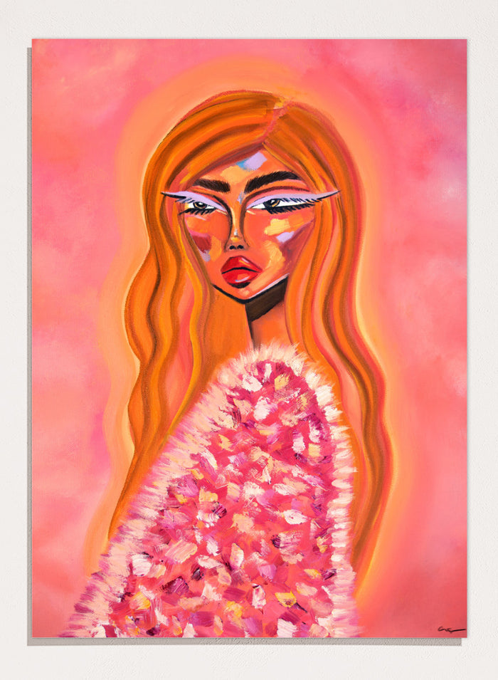 A stylized portrait painting of a woman with long flowing orange hair, a pink and white textured garment, and a pink background. Shop Pink Fur Glamour by Amy Straley, a contemporary figurative wall art print featuring a glamorous woman portrait, orange hair, and vivid pink tones.