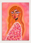 A stylized portrait painting of a woman with long flowing orange hair, a pink and white textured garment, and a pink background. Shop Pink Fur Glamour by Amy Straley, a contemporary figurative wall art print featuring a glamorous woman portrait, orange hair, and vivid pink tones.
