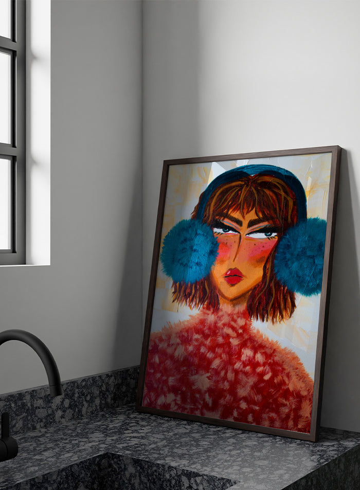 A stylized portrait painting of a woman with brown hair, a dark blue head covering, large bright blue pom-pom ear muffs, and a textured red fuzzy garment, set against a warm cream background. Shop Sassy Earmuffs Portrait by Amy Straley, a contemporary figurative wall art print featuring a bold woman portrait, blue earmuffs, and vivid pink and red tones.