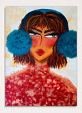 A stylized portrait painting of a woman with brown hair, a dark blue head covering, large bright blue pom-pom ear muffs, and a textured red fuzzy garment, set against a warm cream background. Shop Sassy Earmuffs Portrait by Amy Straley, a contemporary figurative wall art print featuring a bold woman portrait, blue earmuffs, and vivid pink and red tones.