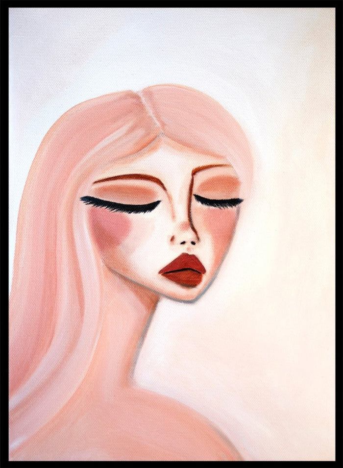 Artistic illustration of a woman's face with closed eyes on a light background. Serene Pink Portrait by Amy Straley is a contemporary figurative art print featuring a feminine portrait, soft pink tones, and modern expressive wall art.