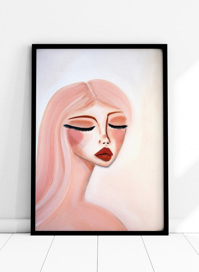 Artistic illustration of a woman's face with closed eyes on a light background. Serene Pink Portrait by Amy Straley is a contemporary figurative art print featuring a feminine portrait, soft pink tones, and modern expressive wall art.
