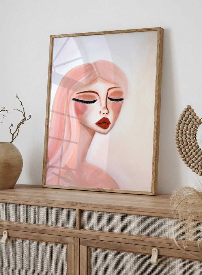Artistic illustration of a woman's face with closed eyes on a light background. Serene Pink Portrait by Amy Straley is a contemporary figurative art print featuring a feminine portrait, soft pink tones, and modern expressive wall art.