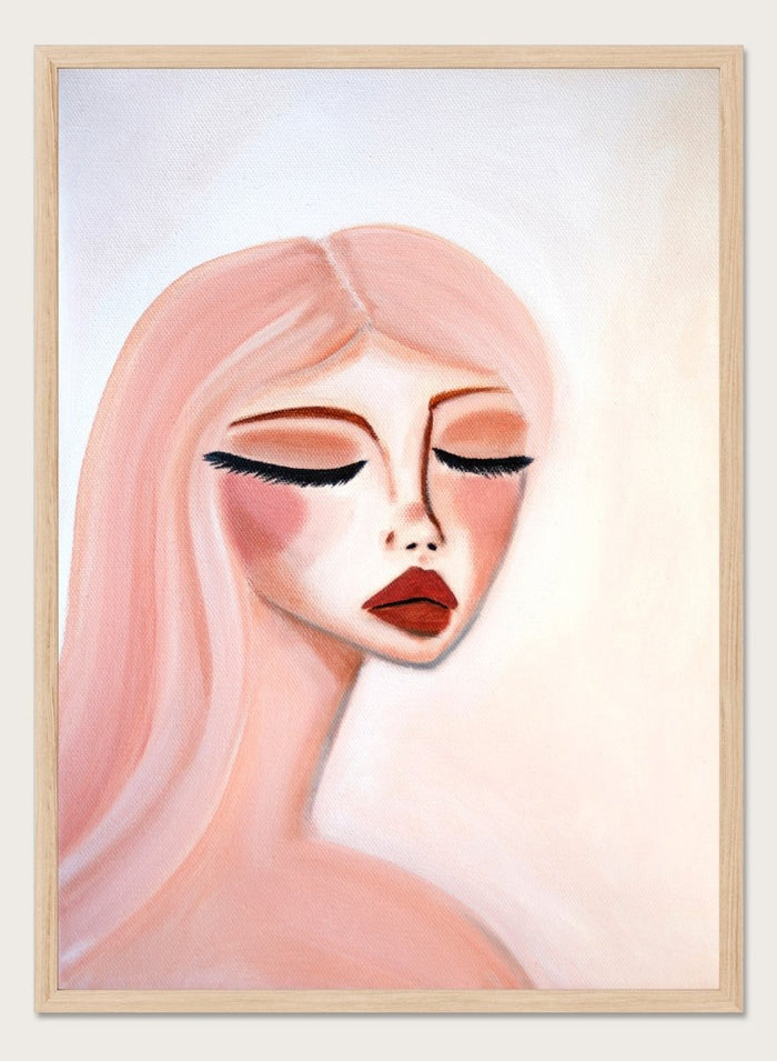 Artistic illustration of a woman's face with closed eyes on a light background. Serene Pink Portrait by Amy Straley is a contemporary figurative art print featuring a feminine portrait, soft pink tones, and modern expressive wall art.