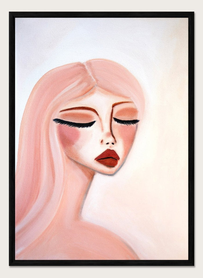 Artistic illustration of a woman's face with closed eyes on a light background. Serene Pink Portrait by Amy Straley is a contemporary figurative art print featuring a feminine portrait, soft pink tones, and modern expressive wall art.
