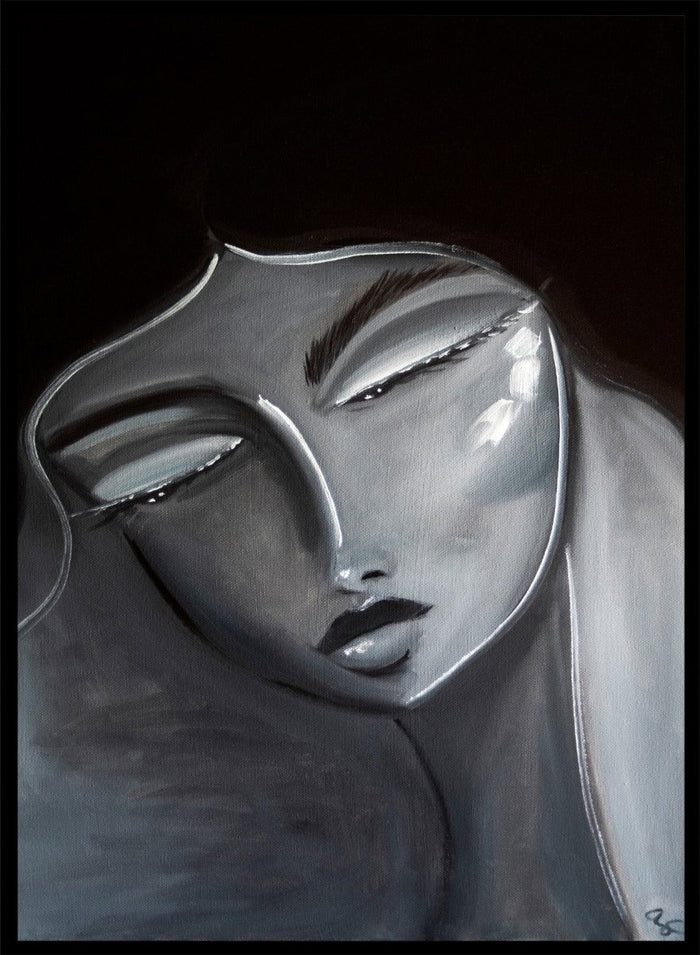 Artistic depiction of a stylized face with long hair on a dark background. Serene Woman Portrait by Amy Straley is a contemporary figurative art print featuring a monochromatic female portrait in soft grey and silver tones.