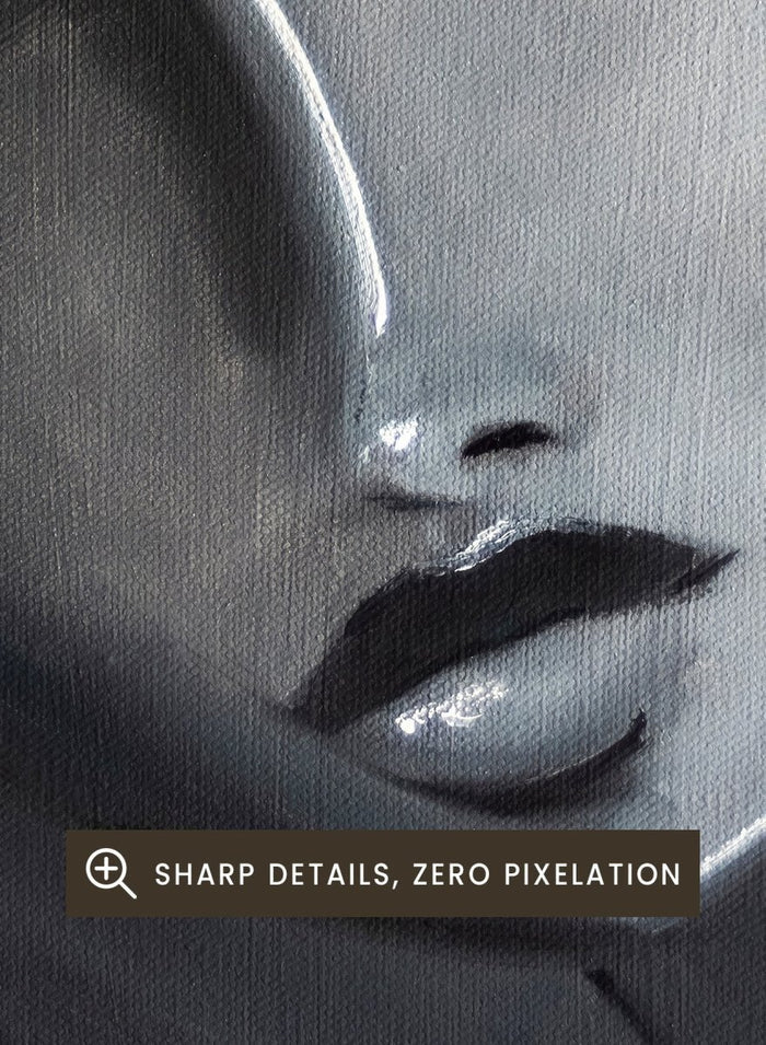 Artistic depiction of a stylized face with long hair on a dark background. Serene Woman Portrait by Amy Straley is a contemporary figurative art print featuring a monochromatic female portrait in soft grey and silver tones.