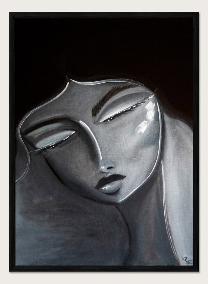 Artistic depiction of a stylized face with long hair on a dark background. Serene Woman Portrait by Amy Straley is a contemporary figurative art print featuring a monochromatic female portrait in soft grey and silver tones.