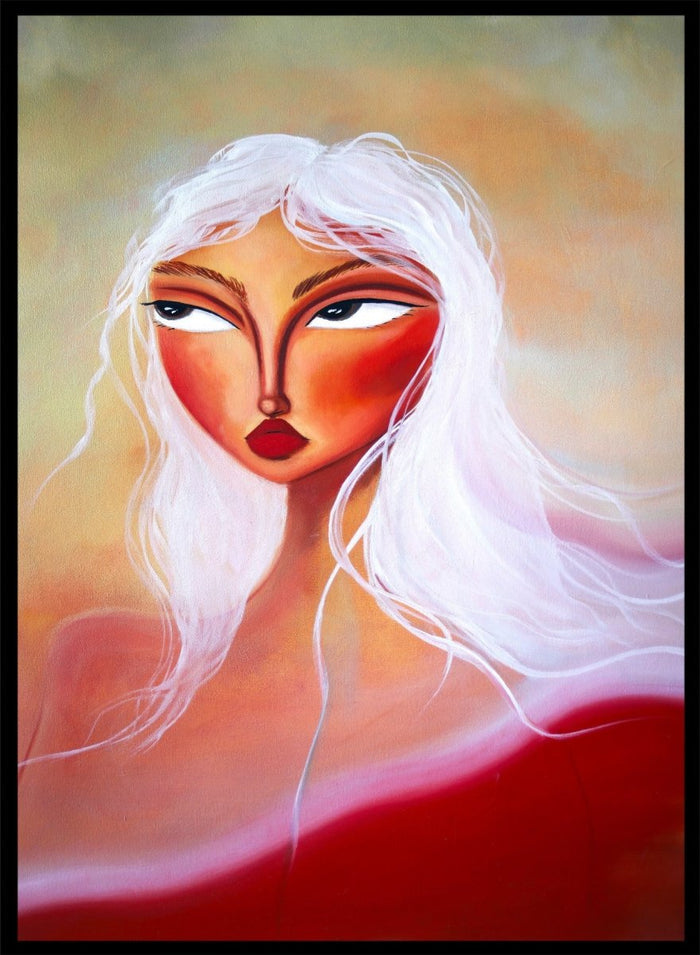 Artistic depiction of a woman with white hair and red face against a colorful background. Striking White Hair Portrait by Amy Straley is a contemporary figurative art print featuring a feminine portrait, warm peach tones, and expressive modern artwork.