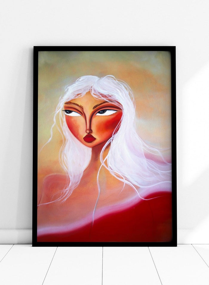 Artistic depiction of a woman with white hair and red face against a colorful background. Striking White Hair Portrait by Amy Straley is a contemporary figurative art print featuring a feminine portrait, warm peach tones, and expressive modern artwork.