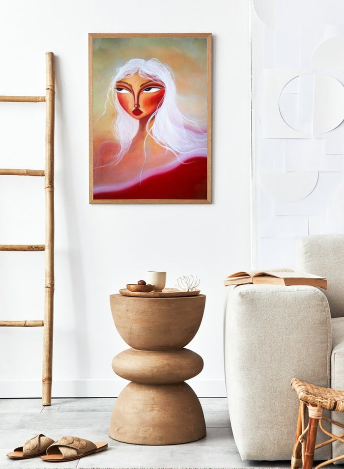 Artistic depiction of a woman with white hair and red face against a colorful background. Striking White Hair Portrait by Amy Straley is a contemporary figurative art print featuring a feminine portrait, warm peach tones, and expressive modern artwork.