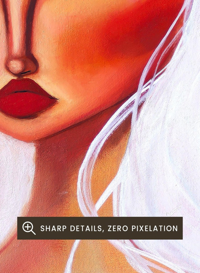 Artistic depiction of a woman with white hair and red face against a colorful background. Striking White Hair Portrait by Amy Straley is a contemporary figurative art print featuring a feminine portrait, warm peach tones, and expressive modern artwork.