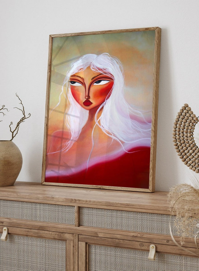 Artistic depiction of a woman with white hair and red face against a colorful background. Striking White Hair Portrait by Amy Straley is a contemporary figurative art print featuring a feminine portrait, warm peach tones, and expressive modern artwork.