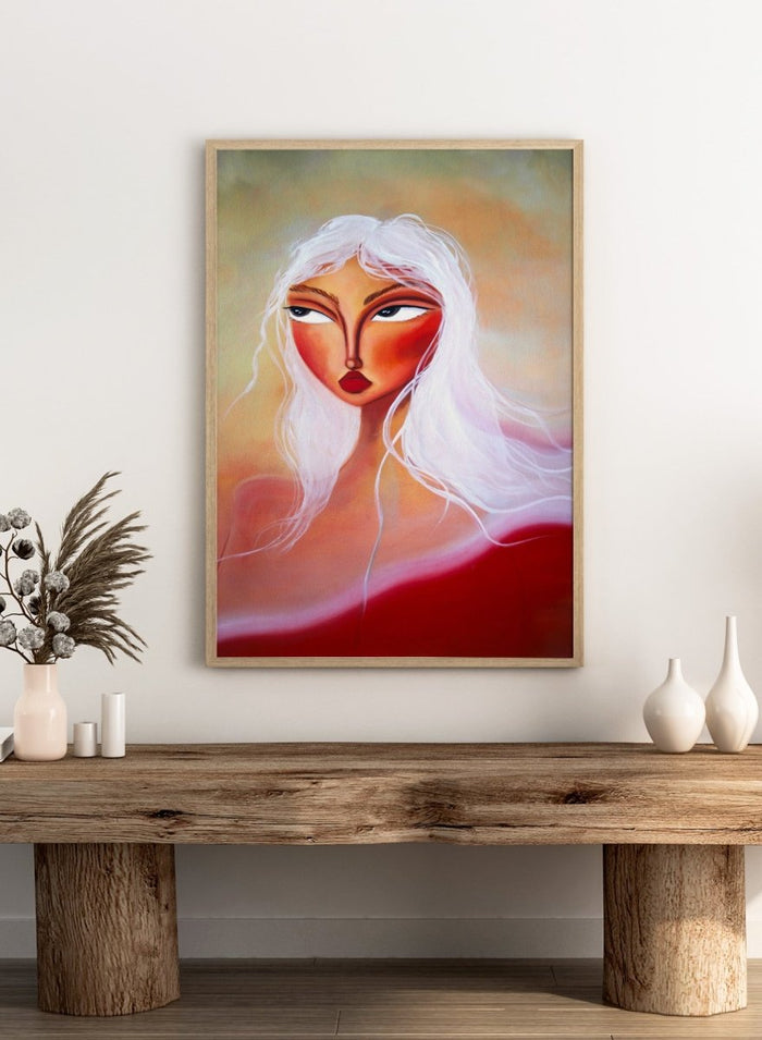Artistic depiction of a woman with white hair and red face against a colorful background. Striking White Hair Portrait by Amy Straley is a contemporary figurative art print featuring a feminine portrait, warm peach tones, and expressive modern artwork.