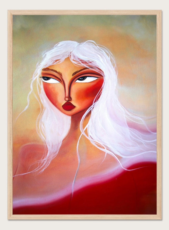 Artistic depiction of a woman with white hair and red face against a colorful background. Striking White Hair Portrait by Amy Straley is a contemporary figurative art print featuring a feminine portrait, warm peach tones, and expressive modern artwork.