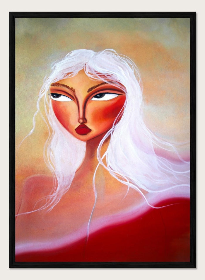 Artistic depiction of a woman with white hair and red face against a colorful background. Striking White Hair Portrait by Amy Straley is a contemporary figurative art print featuring a feminine portrait, warm peach tones, and expressive modern artwork.