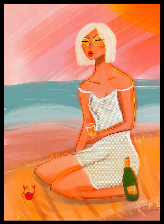 Artistic illustration of a woman sitting on a beach with a sunset background. Sunset Beach Woman by Amy Straley is a contemporary figurative art print featuring a feminine coastal portrait, sunset colors, and modern expressive artwork.