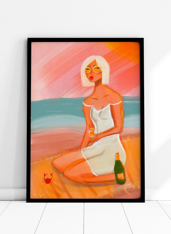 Artistic illustration of a woman sitting on a beach with a sunset background. Sunset Beach Woman by Amy Straley is a contemporary figurative art print featuring a feminine coastal portrait, sunset colors, and modern expressive artwork.