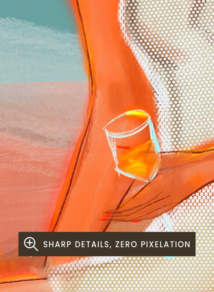 Artistic illustration of a woman sitting on a beach with a sunset background. Sunset Beach Woman by Amy Straley is a contemporary figurative art print featuring a feminine coastal portrait, sunset colors, and modern expressive artwork.