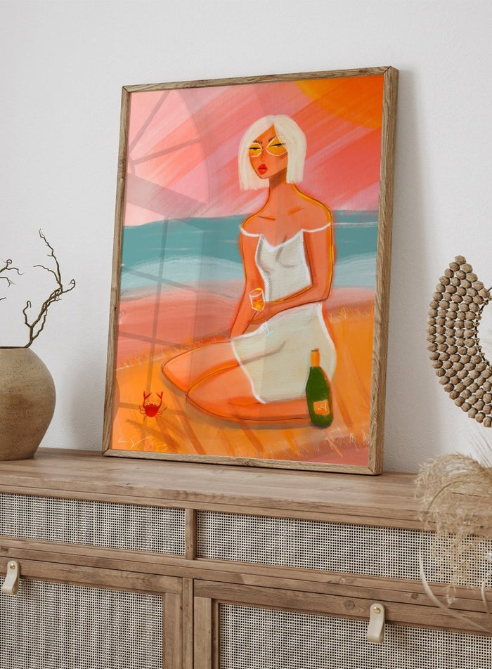 Artistic illustration of a woman sitting on a beach with a sunset background. Sunset Beach Woman by Amy Straley is a contemporary figurative art print featuring a feminine coastal portrait, sunset colors, and modern expressive artwork.
