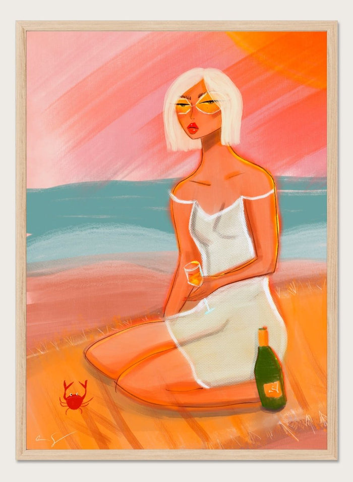 Artistic illustration of a woman sitting on a beach with a sunset background. Sunset Beach Woman by Amy Straley is a contemporary figurative art print featuring a feminine coastal portrait, sunset colors, and modern expressive artwork.