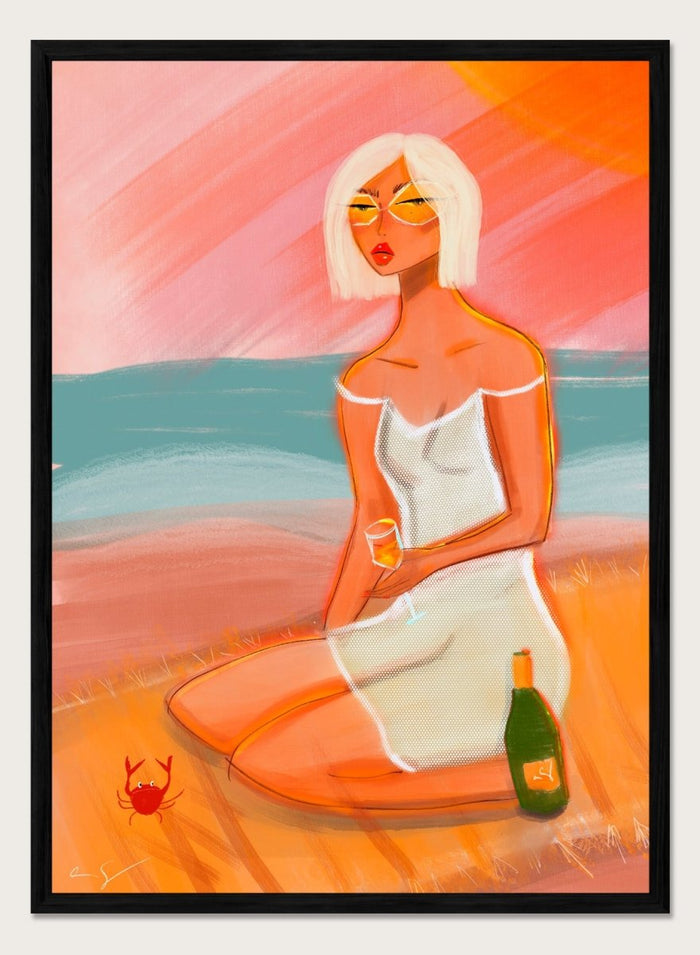 Artistic illustration of a woman sitting on a beach with a sunset background. Sunset Beach Woman by Amy Straley is a contemporary figurative art print featuring a feminine coastal portrait, sunset colors, and modern expressive artwork.