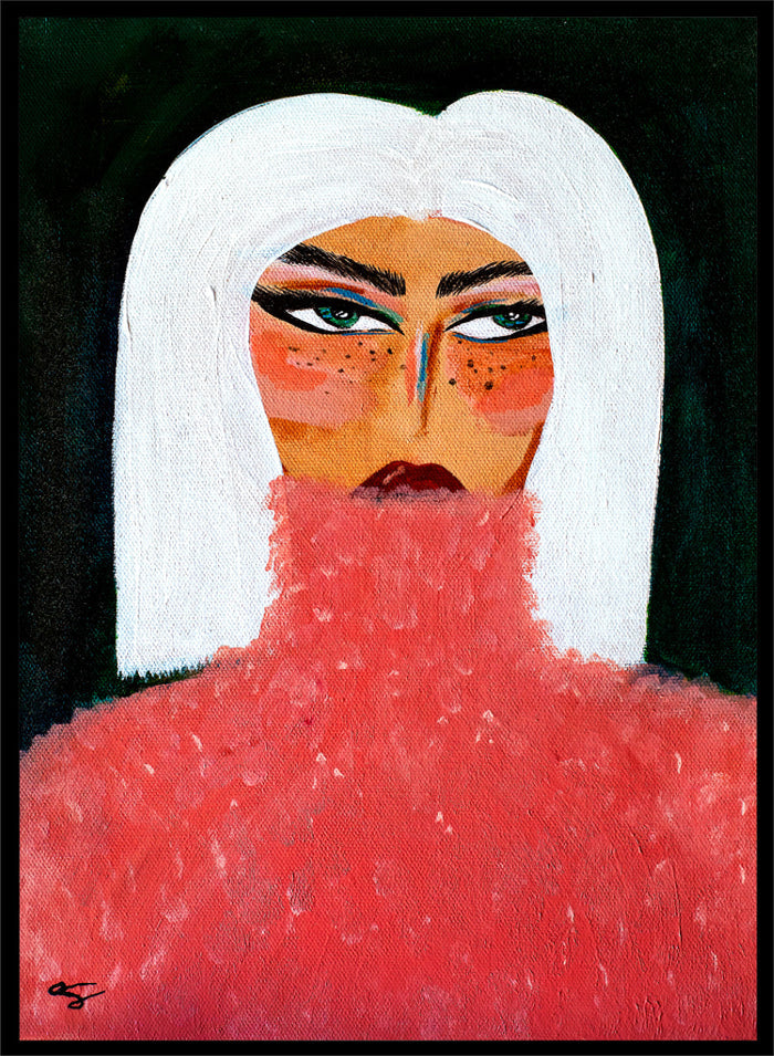 A stylized portrait painting of a woman with a white bob haircut, pale skin with orange-red blush and freckles, dark eyes, and a textured red turtleneck against a black background. Woman in Pink Turtleneck by Amy Straley, a contemporary figurative wall art print featuring a woman portrait, white hair, bold makeup, and vivid pink tones.