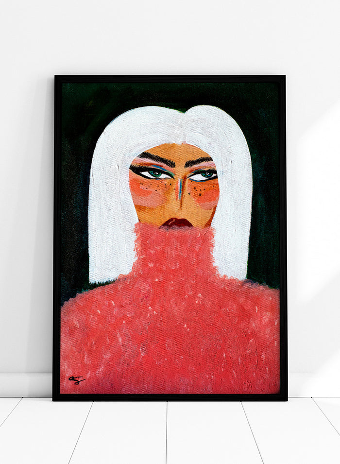 A stylized portrait painting of a woman with a white bob haircut, pale skin with orange-red blush and freckles, dark eyes, and a textured red turtleneck against a black background. Woman in Pink Turtleneck by Amy Straley, a contemporary figurative wall art print featuring a woman portrait, white hair, bold makeup, and vivid pink tones.