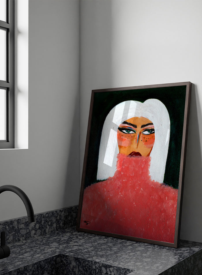 A stylized portrait painting of a woman with a white bob haircut, pale skin with orange-red blush and freckles, dark eyes, and a textured red turtleneck against a black background. Woman in Pink Turtleneck by Amy Straley, a contemporary figurative wall art print featuring a woman portrait, white hair, bold makeup, and vivid pink tones.
