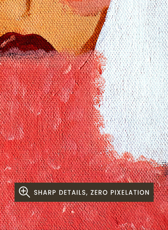A stylized portrait painting of a woman with a white bob haircut, pale skin with orange-red blush and freckles, dark eyes, and a textured red turtleneck against a black background. Woman in Pink Turtleneck by Amy Straley, a contemporary figurative wall art print featuring a woman portrait, white hair, bold makeup, and vivid pink tones.