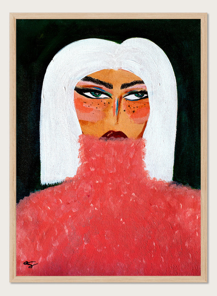 A stylized portrait painting of a woman with a white bob haircut, pale skin with orange-red blush and freckles, dark eyes, and a textured red turtleneck against a black background. Woman in Pink Turtleneck by Amy Straley, a contemporary figurative wall art print featuring a woman portrait, white hair, bold makeup, and vivid pink tones.