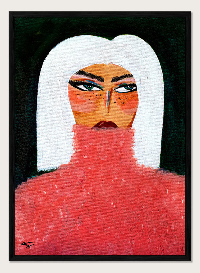 A stylized portrait painting of a woman with a white bob haircut, pale skin with orange-red blush and freckles, dark eyes, and a textured red turtleneck against a black background. Woman in Pink Turtleneck by Amy Straley, a contemporary figurative wall art print featuring a woman portrait, white hair, bold makeup, and vivid pink tones.