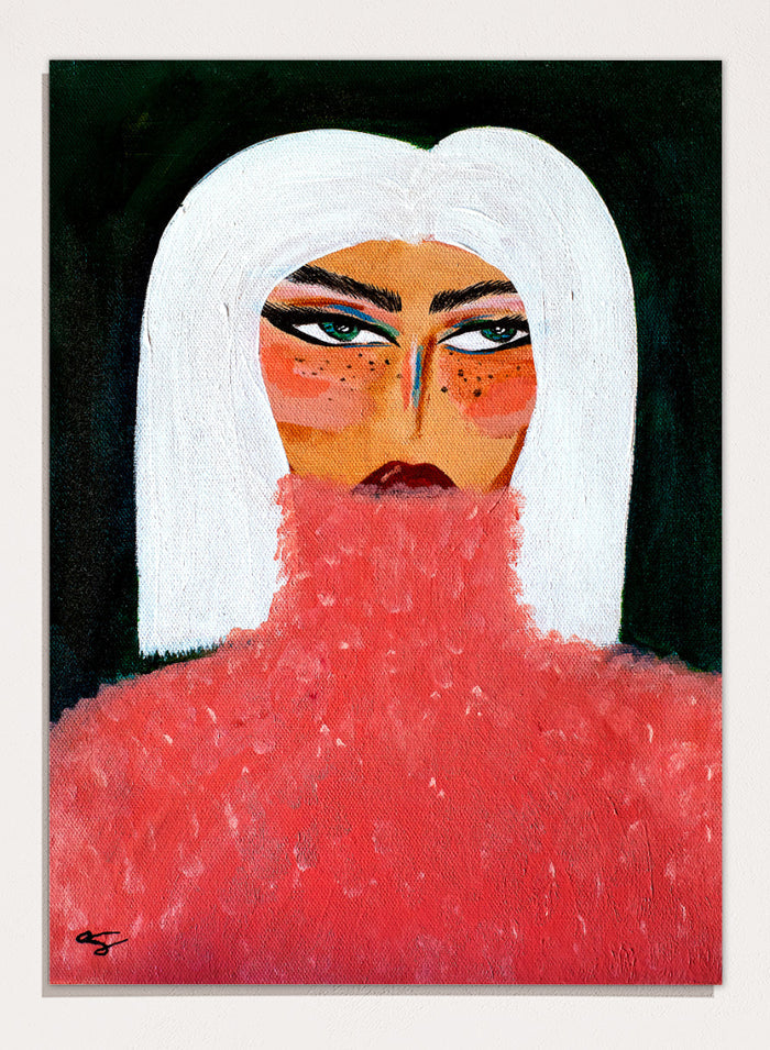 A stylized portrait painting of a woman with a white bob haircut, pale skin with orange-red blush and freckles, dark eyes, and a textured red turtleneck against a black background. Woman in Pink Turtleneck by Amy Straley, a contemporary figurative wall art print featuring a woman portrait, white hair, bold makeup, and vivid pink tones.