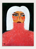 A stylized portrait painting of a woman with a white bob haircut, pale skin with orange-red blush and freckles, dark eyes, and a textured red turtleneck against a black background. Woman in Pink Turtleneck by Amy Straley, a contemporary figurative wall art print featuring a woman portrait, white hair, bold makeup, and vivid pink tones.