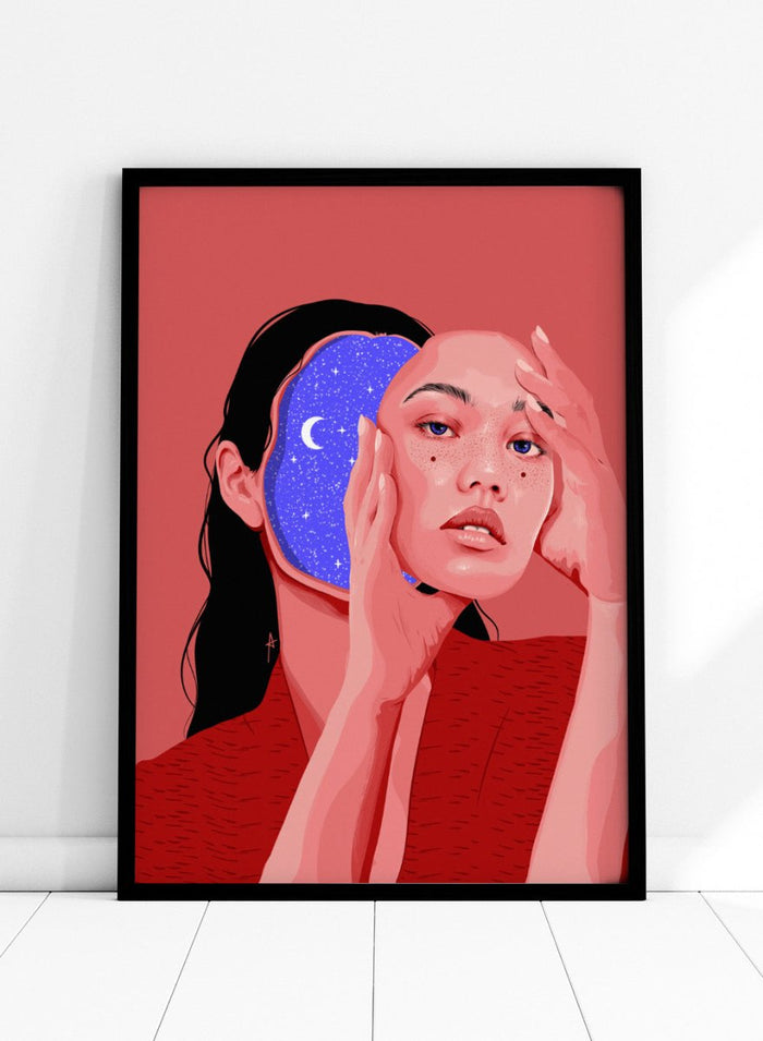 Illustration of a person with a starry night design, on a red background. Des Astres by AnA Ariane is a surreal portrait art print featuring a woman with a starry cosmic interior. Modern figurative wall poster.