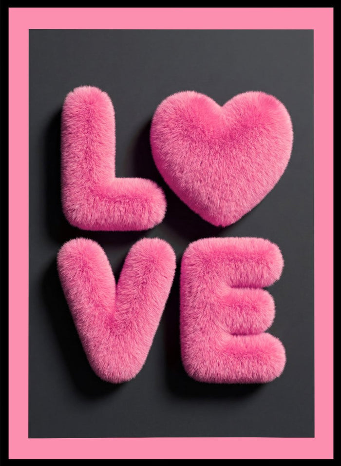Pink fluffy letters spelling 'LOVE' on a black background with a pink border. Furry Love by Andreas Magnusson is a bold pink typography art print featuring playful textured lettering. A modern love-inspired wall poster.